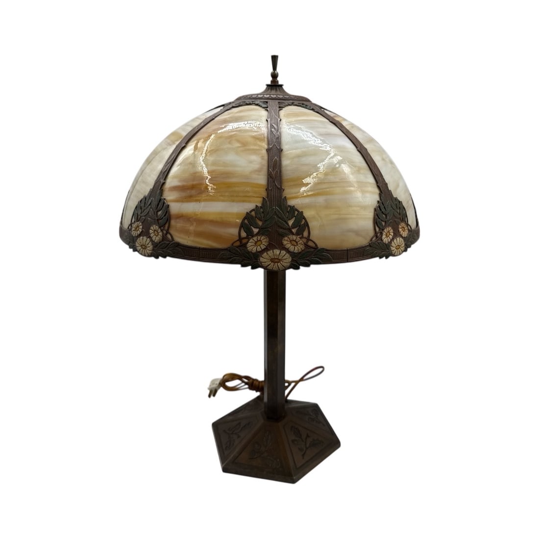 Slag Glass Table Lamp with Floral and Oak Leaf Design (1 of 4)