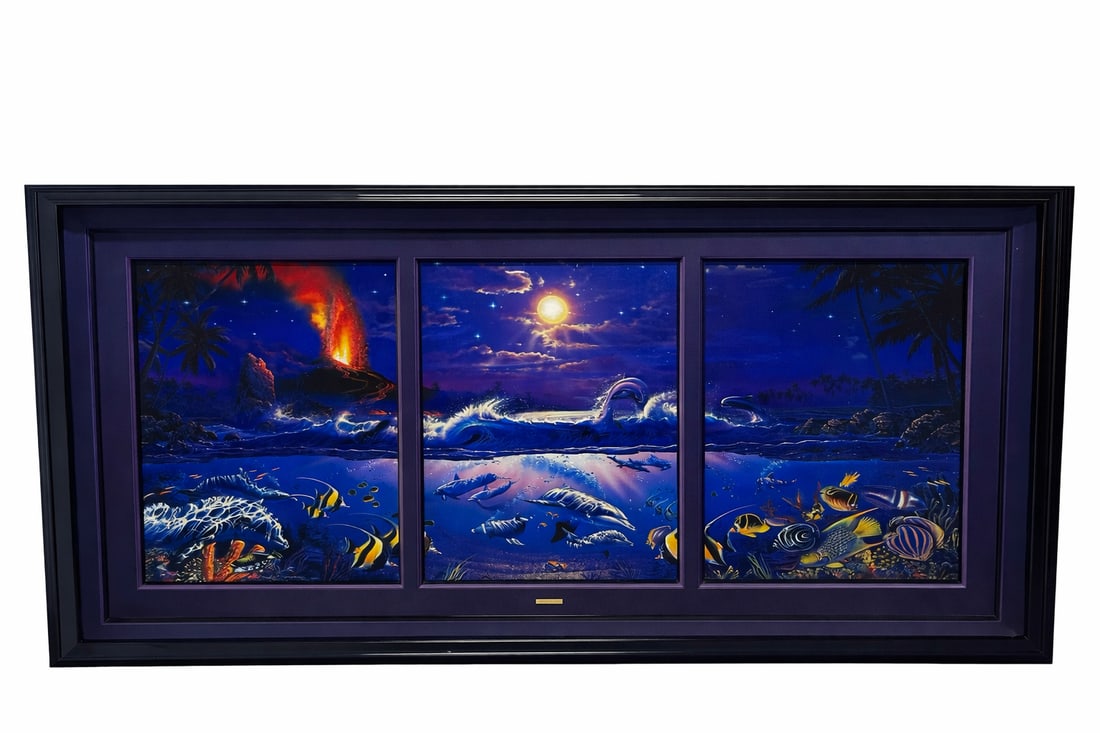 Christian Riese Lassen — "The Dawn of Pele" — Limited Edition Mixed Media Triptych: DescriptionA masterpiece of environmental surrealism by the world-renowned Hawaiian marine artist