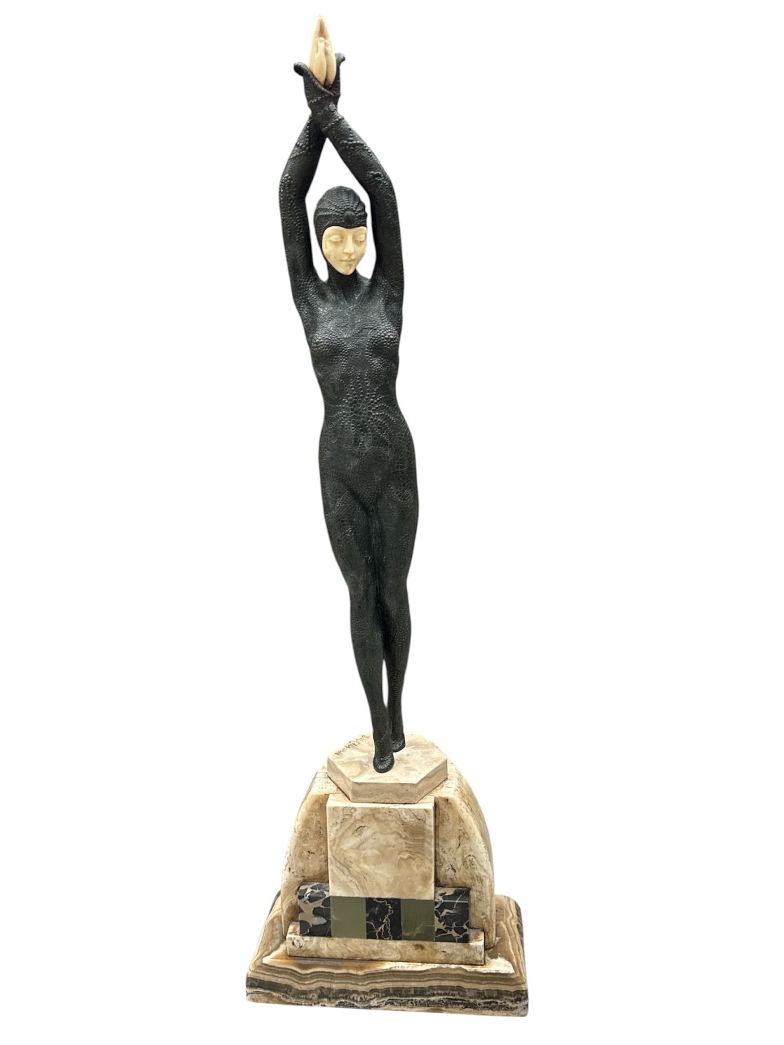 Starfish by D. H. Chiparus (Romania/France, 1886–1947) Art Deco Style Bronze on Marble Base: DescriptionArt Deco style sculpture depicting a standing female figure with arms raised above her head, mounted on a stepped mar