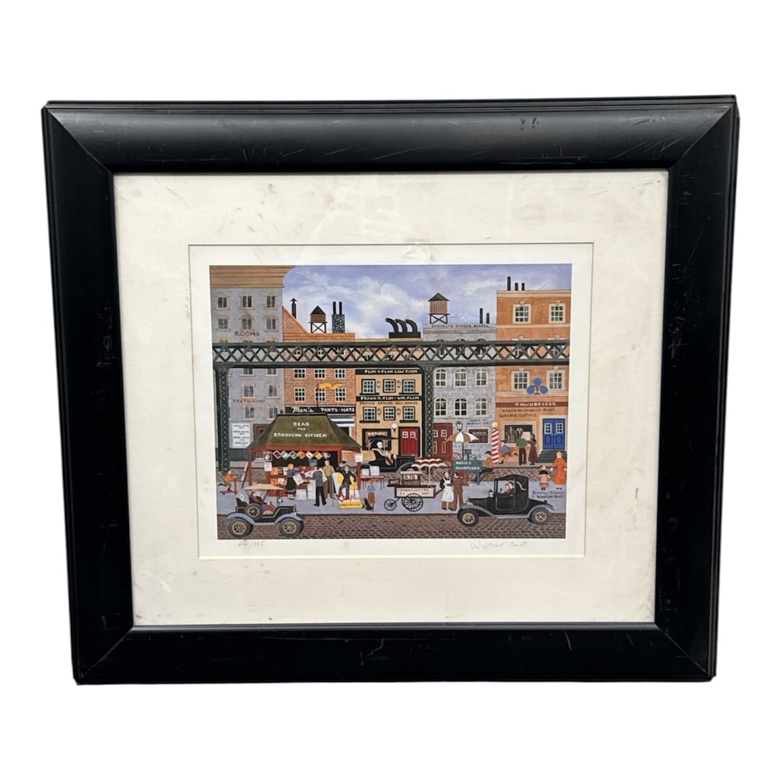 Jane Wooster Scott Brooklyn Rituals 2005 Limited Edition Lithograph: Offered is a 2005 limited edition lithograph on paper titled Brooklyn Rituals by American artist Jane Wooster Scott. The composition depicts a lively street scene rendered in Scott’s signature f