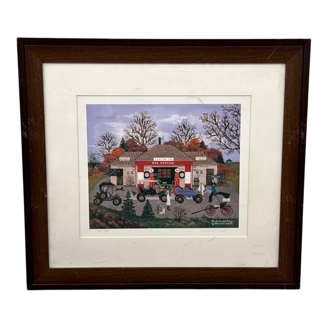 Jane Wooster Scott The Good Old Days Limited Edition Lithograph: Offered is a limited edition lithograph on paper titled The Good Old Days by American artist Jane Wooster Scott. The composition depicts a nostalgic Americana scene centered around a country storefron