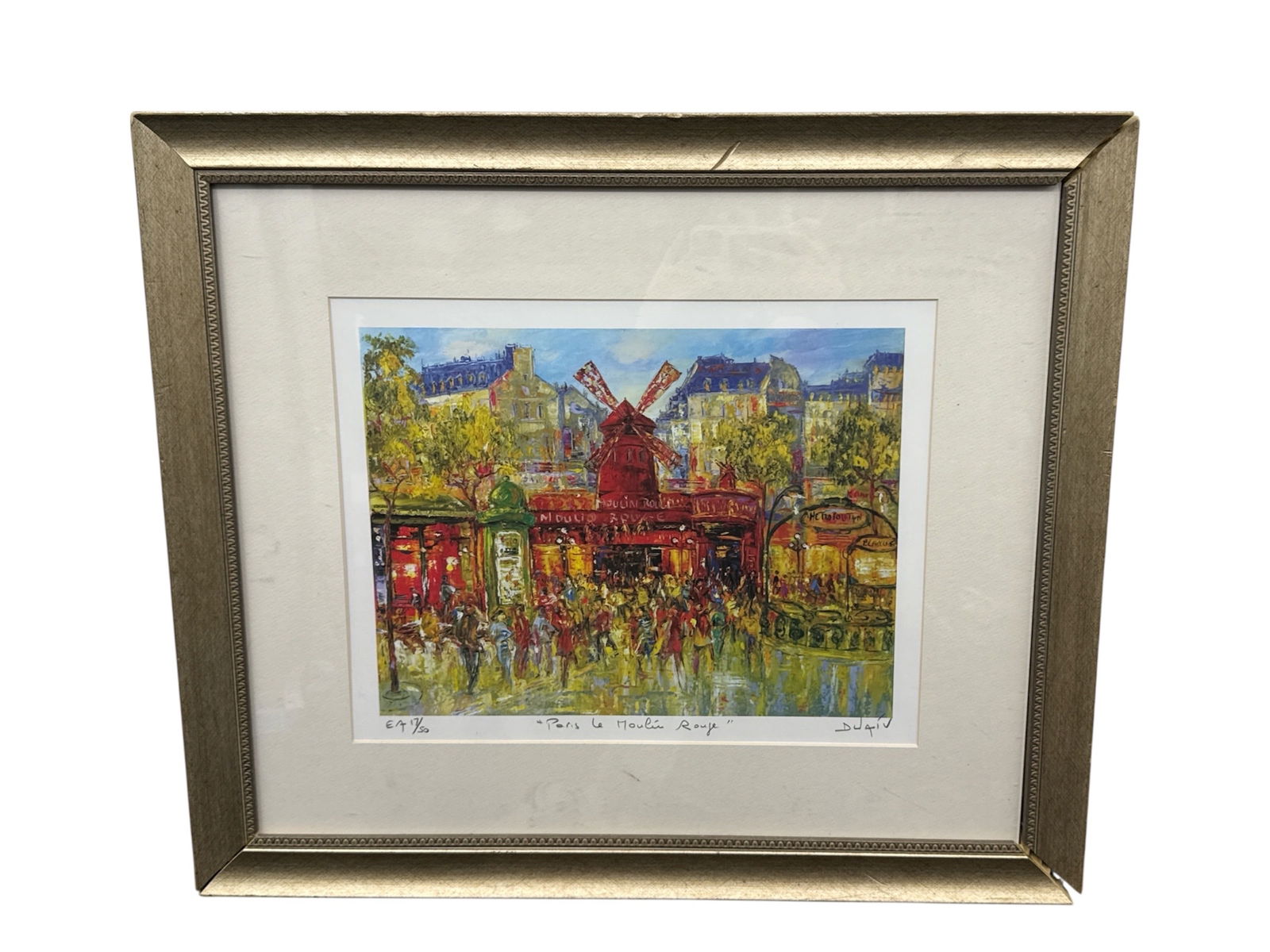 Duaiv “Paris Le Moulin Rouge?? Limited Edition Offset Lithograph EA 17/50: Offered is a limited edition offset lithograph on paper titled Paris Le Moulin Rouge by French artist Duaiv. The vibrant composition depicts the iconic Moulin Rouge in Paris, rendered in bold, express