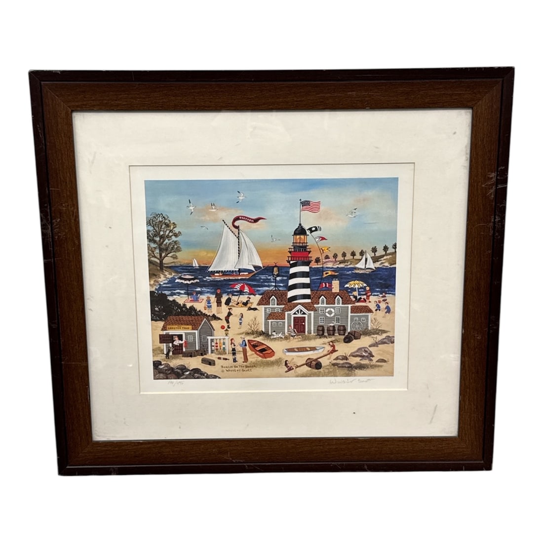 Jane Wooster Scott “Beacon on the Beach?? Limited Edition Lithograph 176/495: Offered is a limited edition lithograph on paper titled Beacon on the Beach by American artist Jane Wooster Scott. This charming coastal scene depicts a lively seaside village with a striped lighthous
