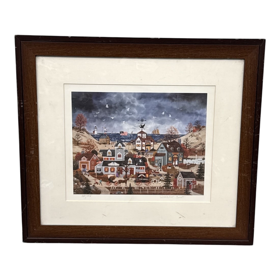 Jane Wooster Scott “Home Before Dark?? Limited Edition Lithograph 167/395: Offered is a limited edition lithograph on paper titled Home Before Dark by American artist Jane Wooster Scott. This charming Americana scene depicts a nostalgic small town setting with quaint homes,