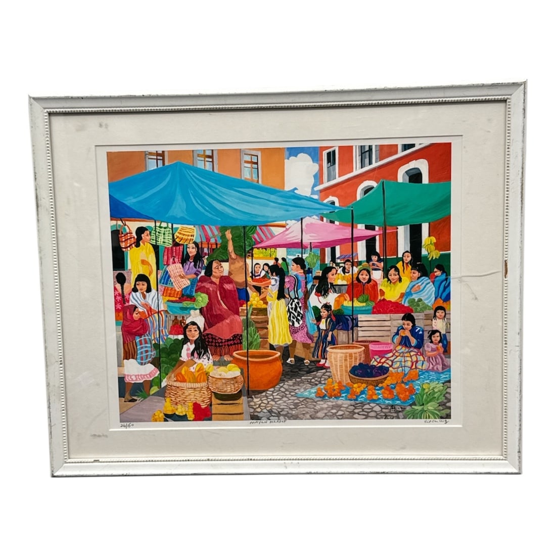 Eileen Seitz “Mayan Market?? Limited Edition Print 26/150: Offered is a limited edition print titled Mayan Market by Eileen Seitz. The vibrant composition portrays a bustling open air marketplace filled with colorful textiles, fresh produce, and figures gathe