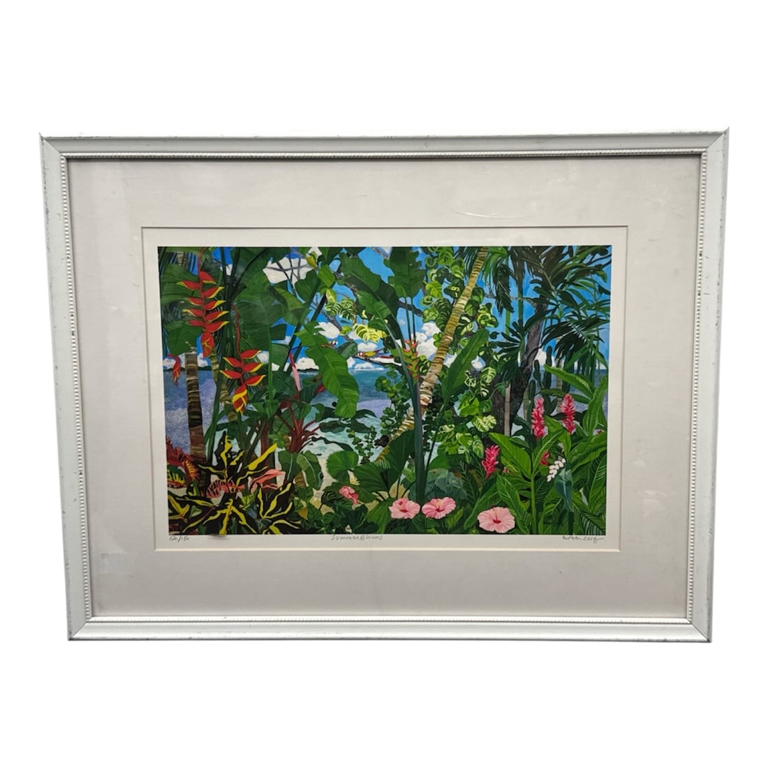 Eileen Seitz “Summer Blooms?? Limited Edition Print 120/150 Archival Pigment on Paper: Offered is a limited edition print titled Summer Blooms by Eileen Seitz. The composition features a lush tropical garden scene filled with vibrant foliage and blooming flowers, rendered in bold, satur