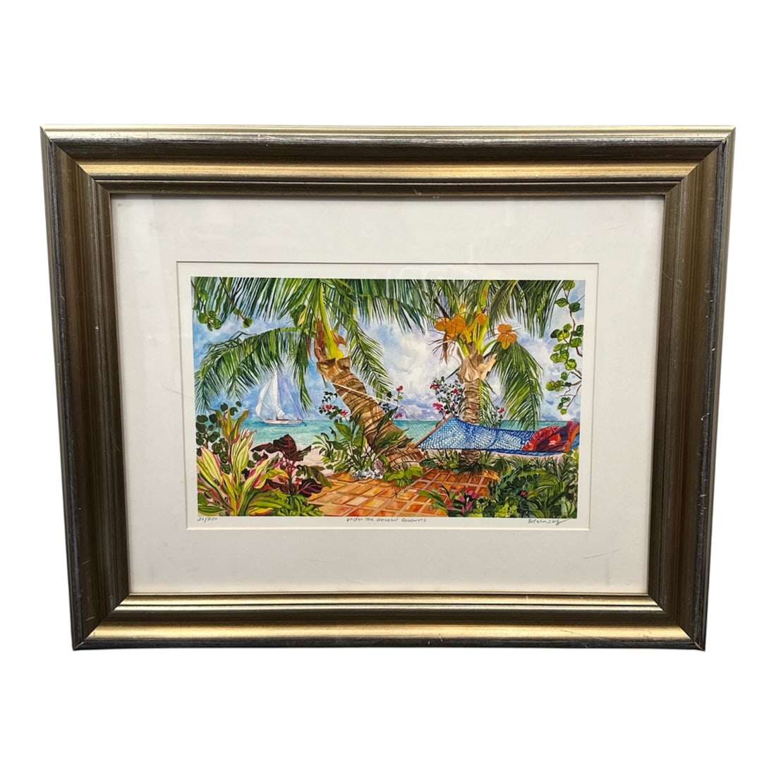 Eileen Seitz “Under the Golden Coconuts?? Limited Edition Print 26/250: Offered is a limited edition print titled Under the Golden Coconuts by Eileen Seitz. The vibrant composition presents a lush tropical paradise scene featuring palm trees, dense greenery, colorful foli