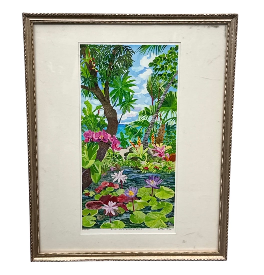 Eileen Seitz “Pink Orchids on Lotus Pond?? Limited Edition Print 43/150: Offered is a limited edition print titled Pink Orchids on Lotus Pond by Eileen Seitz. The vibrant composition features a lush tropical garden scene centered on a serene lotus pond with floating lily p