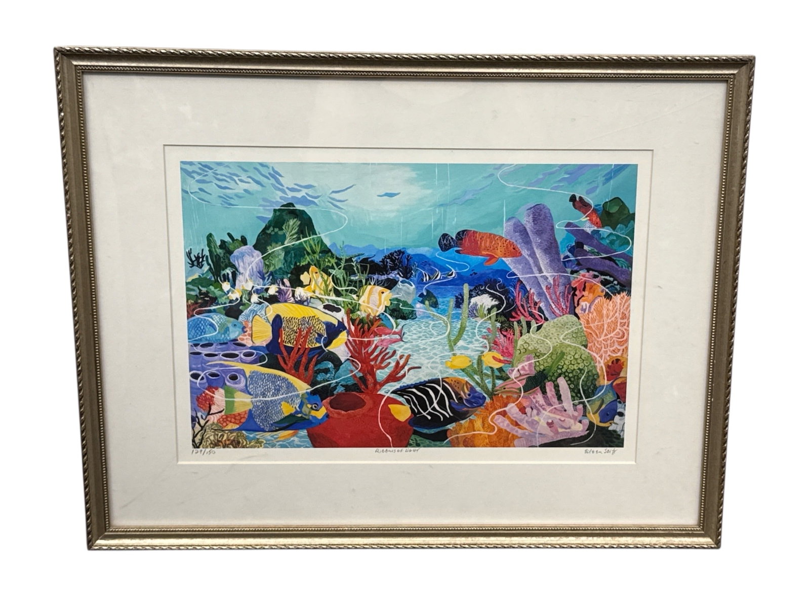 Eileen Seitz “Ribbons of Light?? Limited Edition Print 129/150 Archival Pigment on Paper: Offered is a limited edition print titled Ribbons of Light by Eileen Seitz. The vibrant composition depicts a colorful underwater reef scene filled with tropical fish, coral formations, and flowing aq