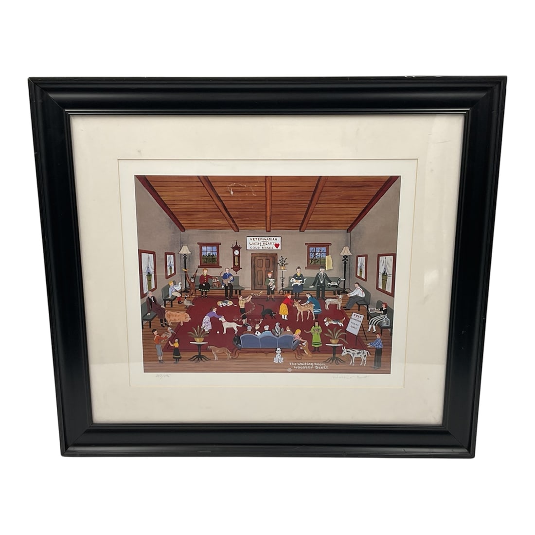 Jane Wooster Scott “The Waiting Room?? Limited Edition Lithograph 343/495: Offered is a limited edition lithograph on paper titled The Waiting Room by American artist Jane Wooster Scott. This charming and detailed composition portrays a lively interior scene filled with figu