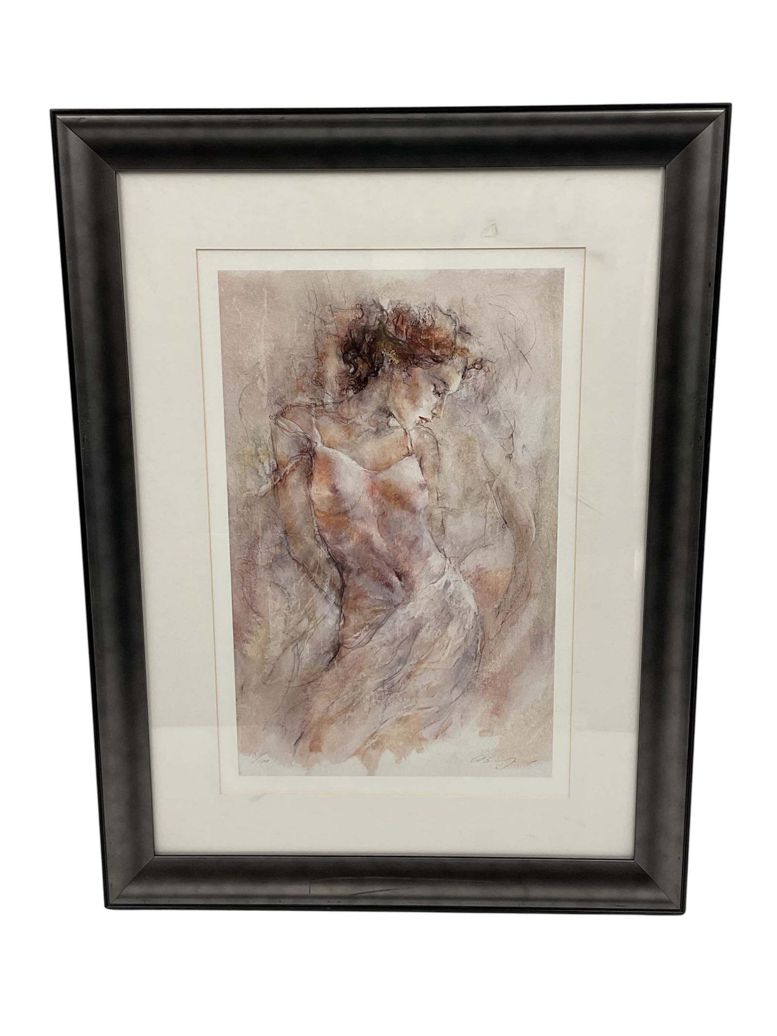 Gary Benfield “Aurora II?? Limited Edition Serio Lithograph 37/100 Gold Leaf: Offered is a limited edition seriolithograph on paper titled Aurora II by Gary Benfield. The composition features a graceful female figure rendered in soft, flowing lines and warm neutral tones. Benfi
