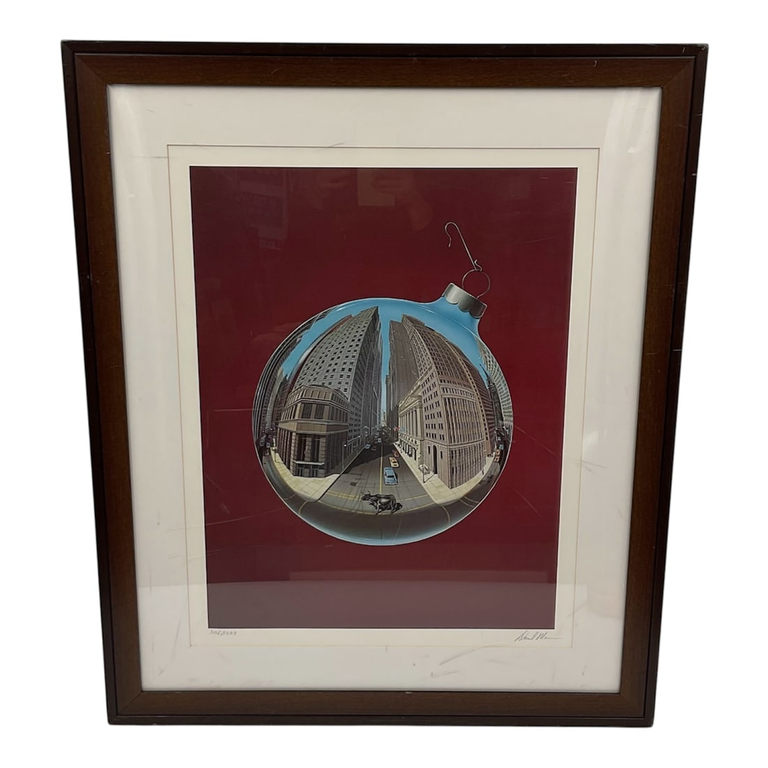 David Mann “Fisheye View of Wall Street?? Limited Edition Lithograph 305/1000: Offered is a limited edition lithograph on paper titled Fisheye View of Wall Street by David Mann. The composition presents a distinctive circular “fisheye” perspective of Wall Street, wit
