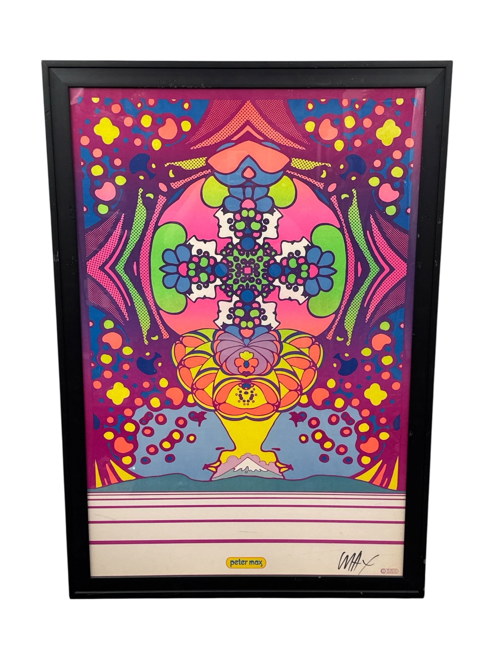 "2000 Light Years" Hand Signed Vintage Peter Max Poster: Offered is a vibrant pop art print by renowned American artist Peter Max. This bold and psychedelic composition features Max’s signature use of saturated colors, symmetrical abstract imagery, an
