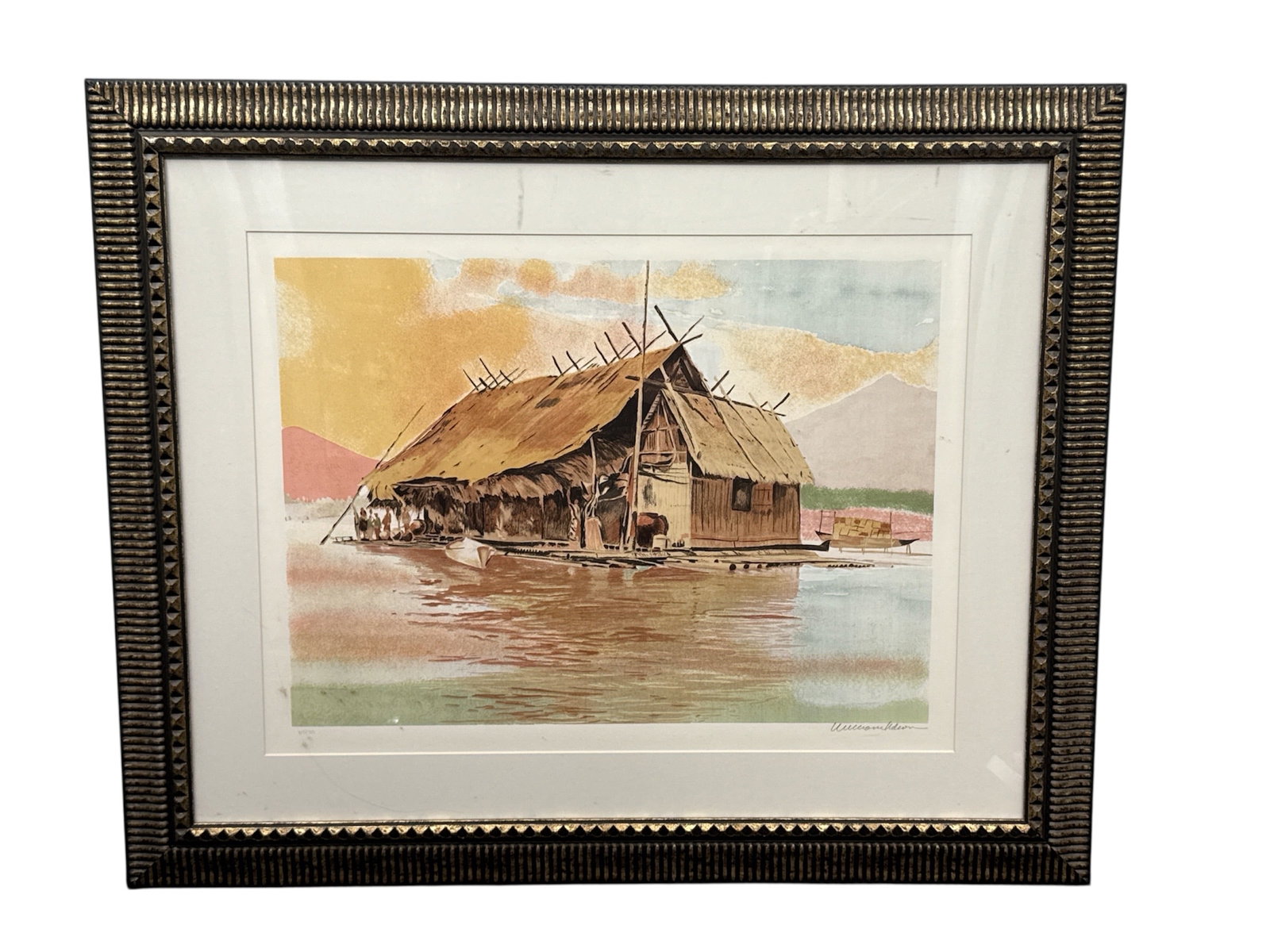 William Nelson South Pacific Limited Edition Serigraph Framed 115/500: Limited edition serigraph titled South Pacific by artist William Nelson. This serene coastal composition depicts a rustic thatched structure set along calm waters, rendered in soft earth tones with di