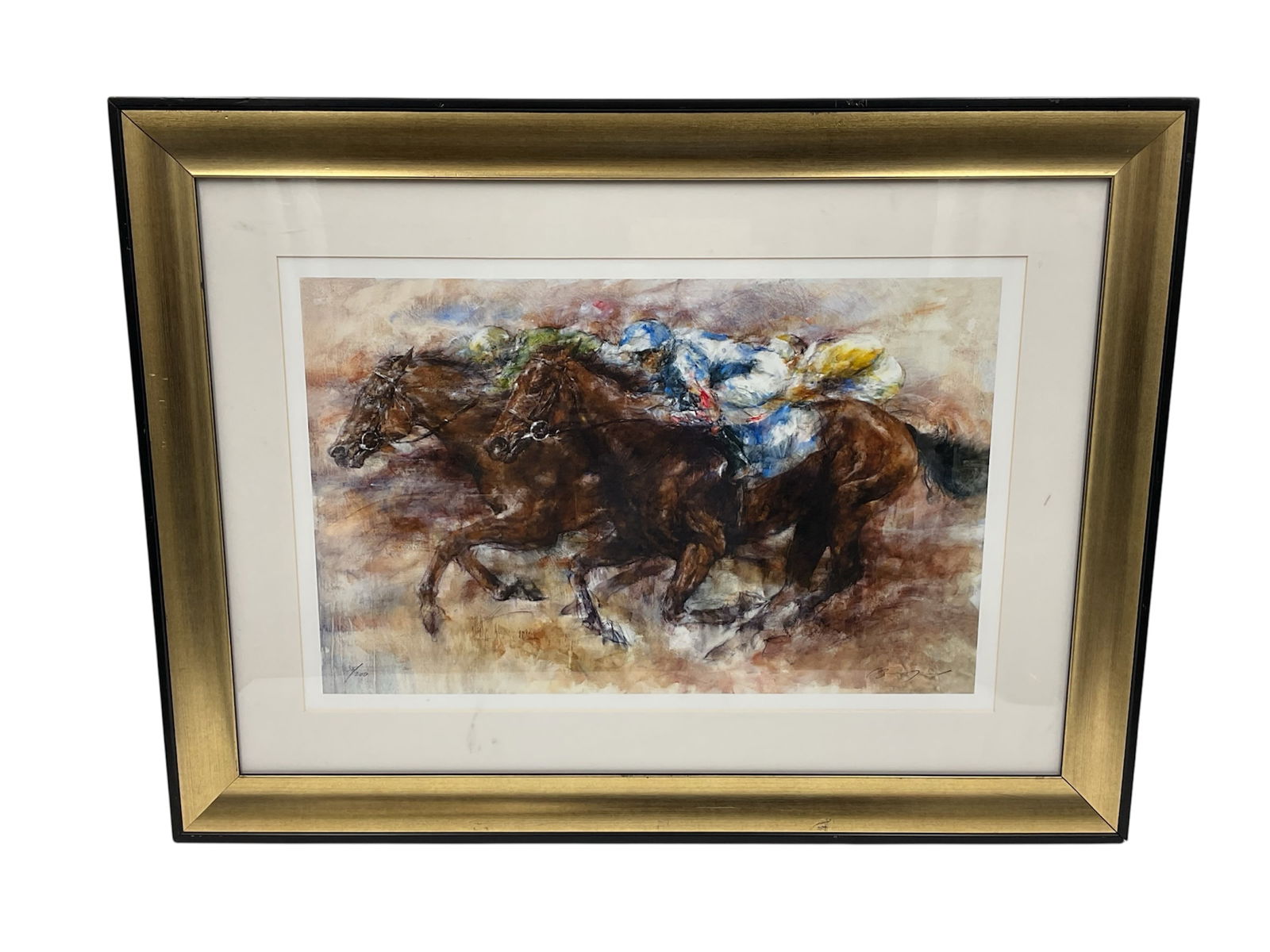 Gary Benfield “Race Day?? Seriolithograph 35/200 2009 Framed Gold Leaf: Dynamic limited edition seriolithograph on paper with gold leaf titled Race Day by listed contemporary artist Gary Benfield, created in 2009. This energetic composition captures the intensity of thoro