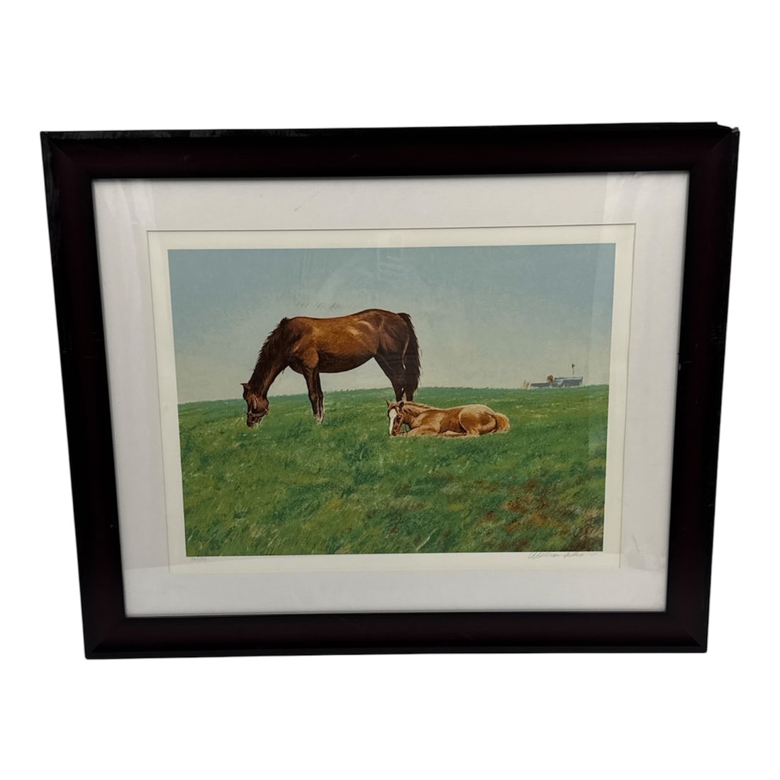 William Nelson Mare and Foal Limited Edition Print Framed 76/500: Limited edition print titled Mare and Foal by artist William Nelson. This peaceful pastoral scene depicts a grazing mare standing protectively beside a resting foal in an open green meadow beneath a c