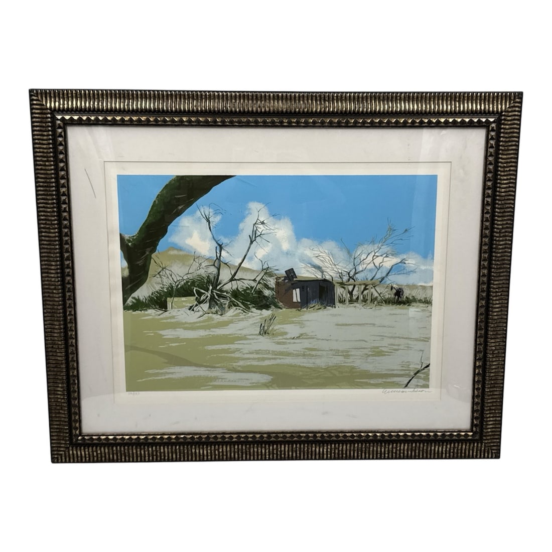 William Nelson Bandi’s Hideout Limited Edition Serigraph Framed 102/800: Limited edition serigraph titled Bandi’s Hideout by artist William Nelson. This evocative landscape depicts a solitary rustic structure set within a sparse coastal or marsh environment, surround