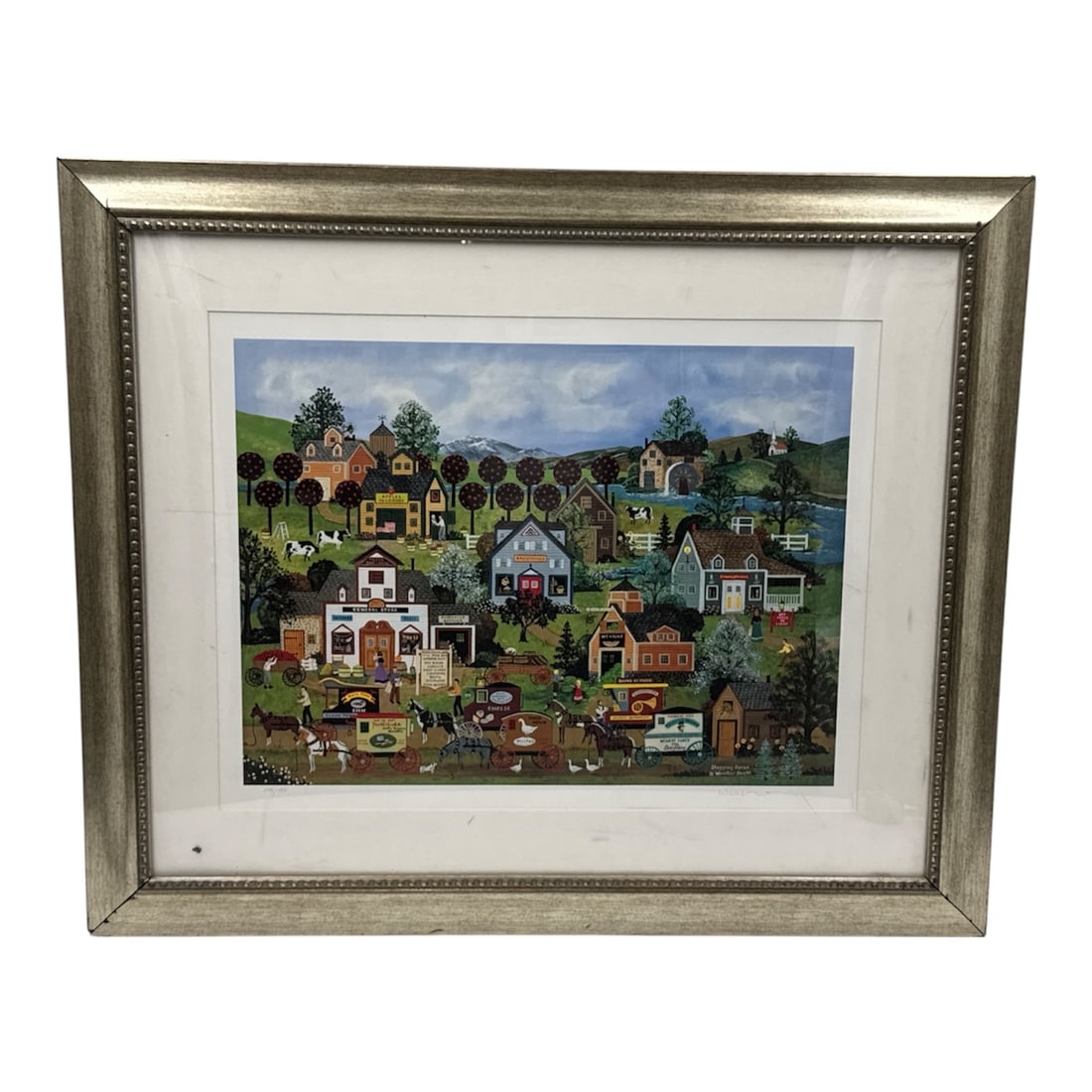 Jane Wooster Scott Shopping Spree Limited Edition Lithograph Framed 238/495: Limited edition lithograph on paper titled Shopping Spree by American folk artist Jane Wooster Scott. This vibrant and detailed Americana scene depicts a bustling small-town setting filled with charmi