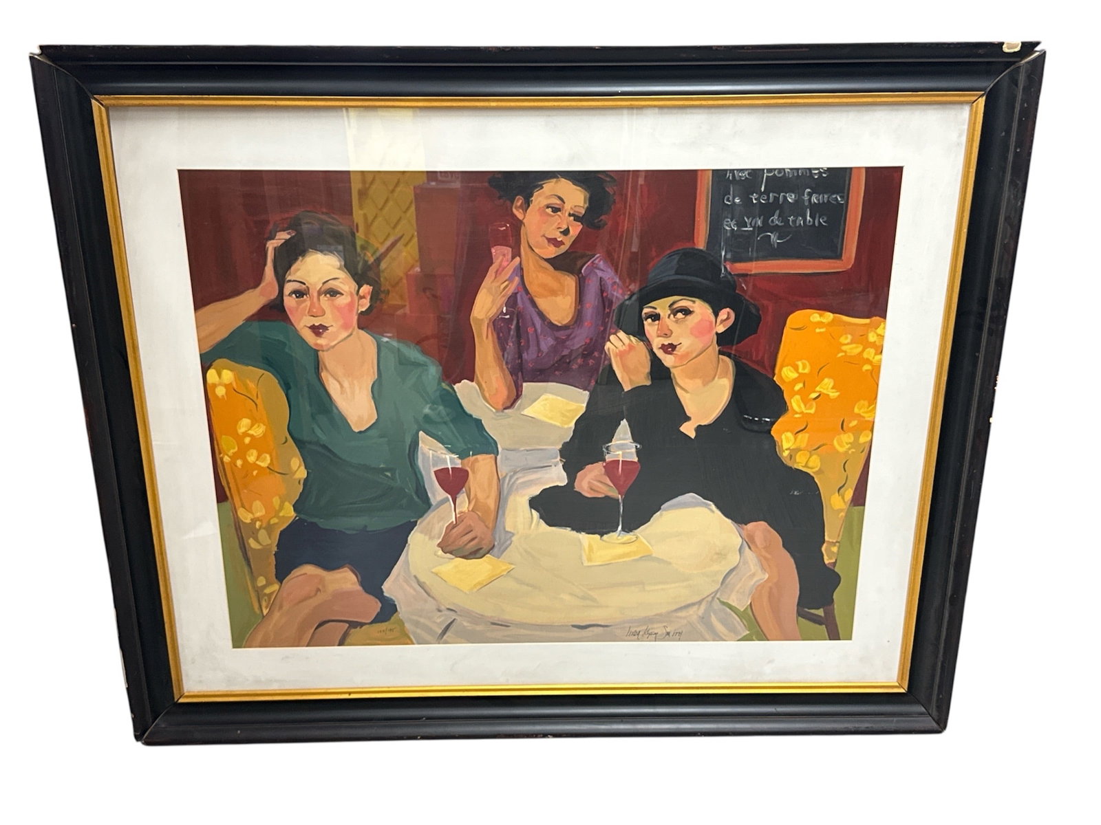 Linda Kyser Smith Lunch Special Limited Edition Serigraph Framed 152/195: Limited edition serigraph titled Lunch Special by American artist Linda Kyser Smith. This vibrant café scene depicts three stylish women seated at a restaurant table enjoying drinks and convers
