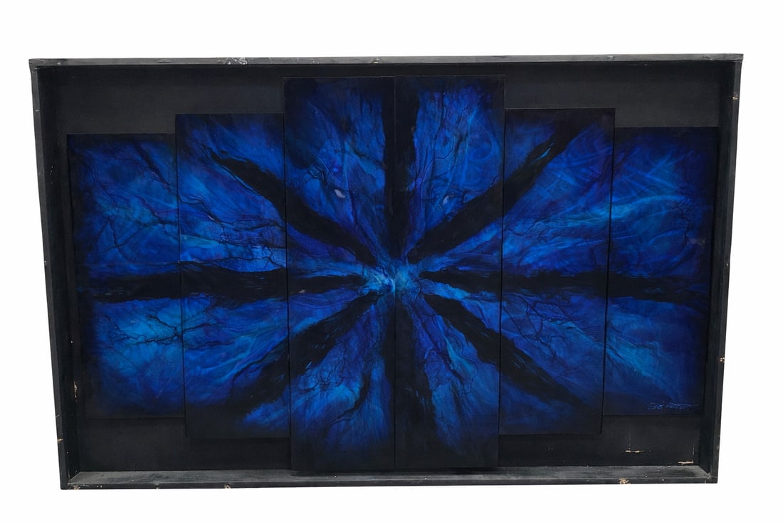 Chris DeRubeis — "Blue Burst" Multi-Panel Mixed Media Metal Sculpture: DescriptionA commanding example of "Abstract Sensualism," this six-panel staggered composition showcases the innovative me