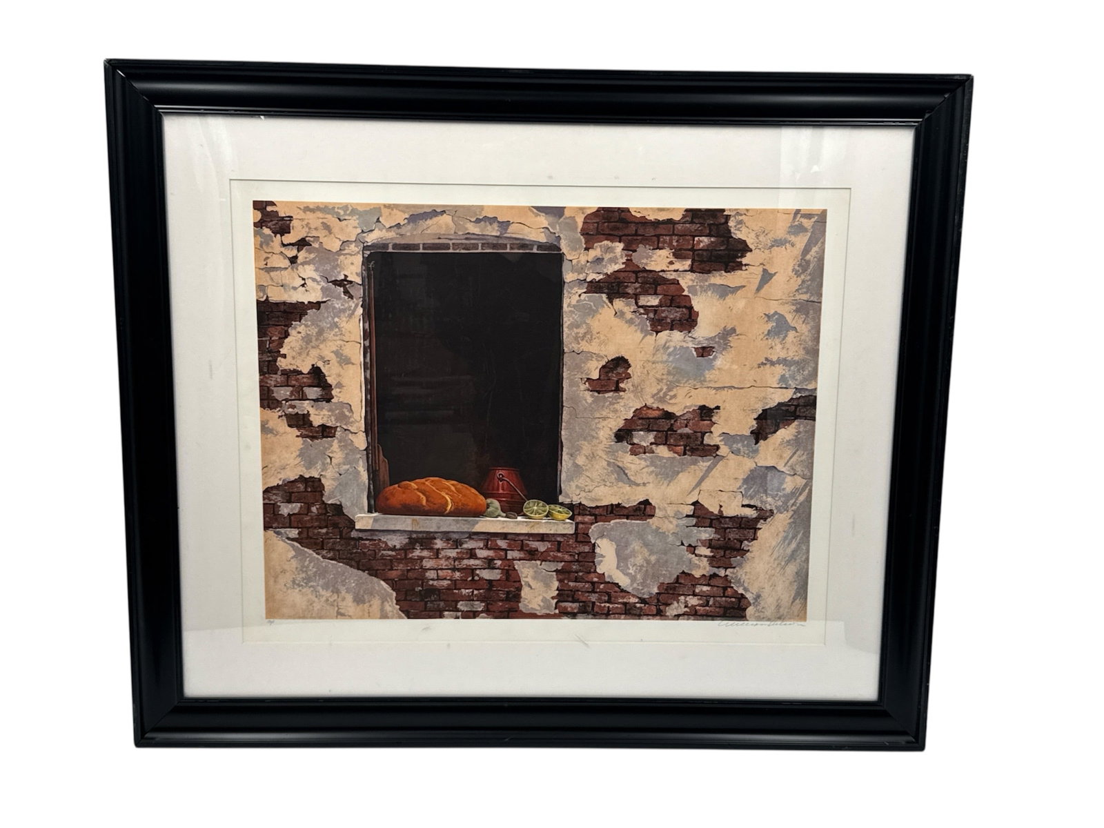 William Nelson The Baking Day Limited Edition Print Framed: Limited edition print titled The Baking Day by artist William Nelson. This charming still-life composition depicts a rustic window set within a weathered brick wall, with a small arrangement of fruit