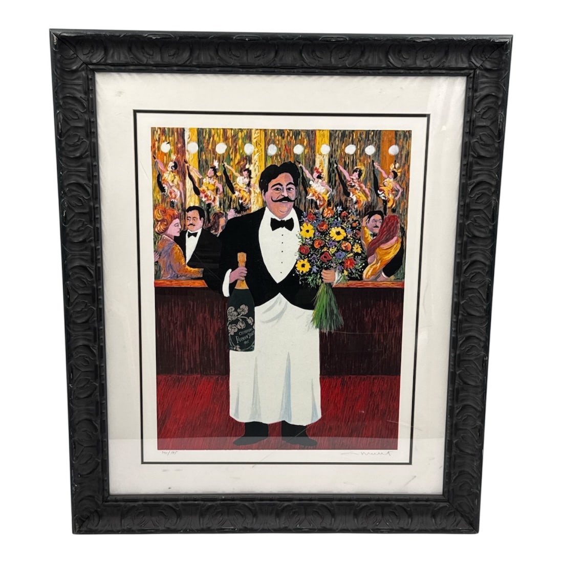 Guy Buffet Monsieur Henry Limited Edition Serigraph Framed 385/595: Limited edition serigraph titled Monsieur Henry by listed French artist Guy Buffet. This vibrant composition depicts a cheerful maître d’ or waiter proudly presenting a bouquet of flowers