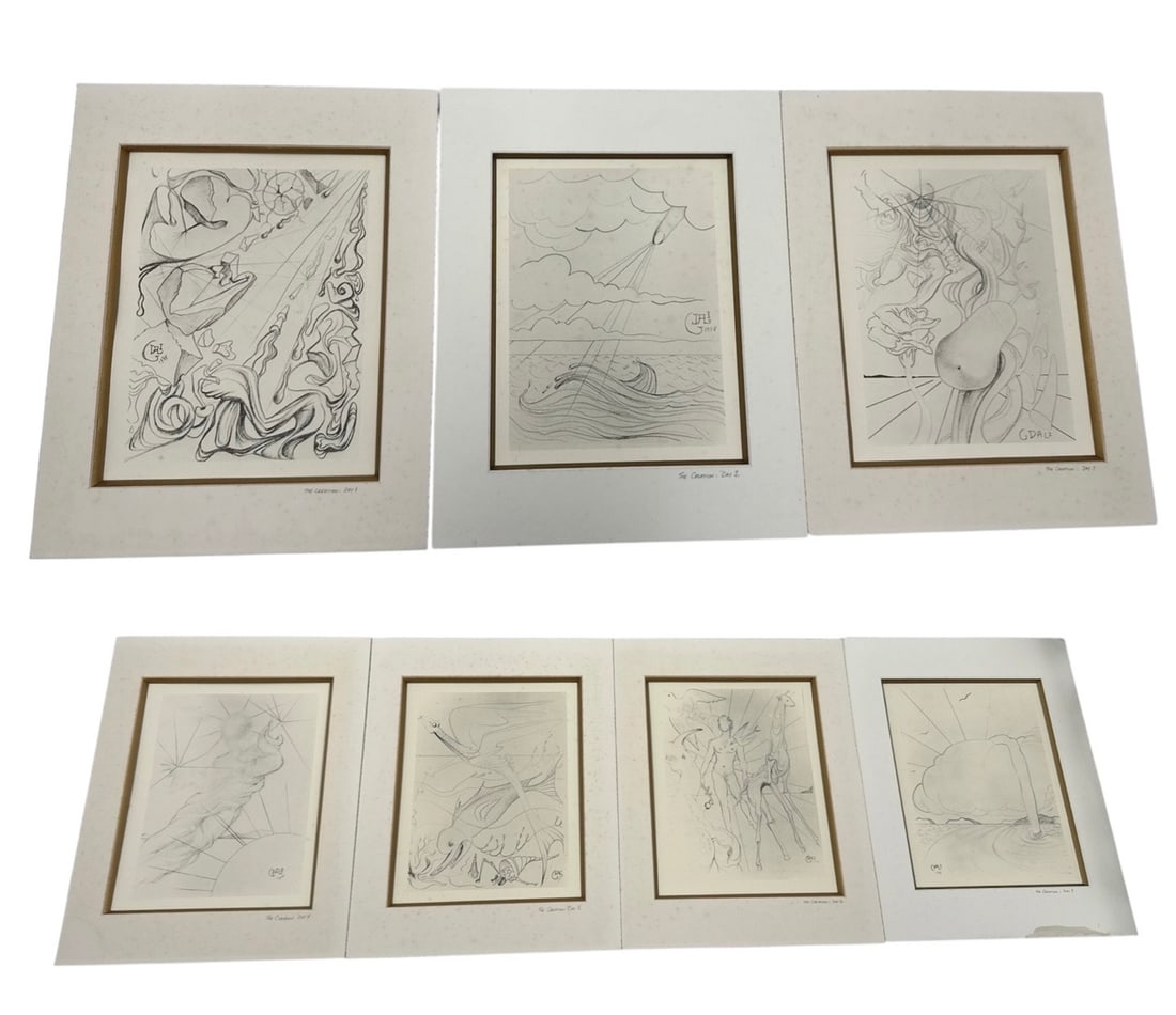 Salvador Dalí (Spanish, 1904–1989) “The Creation: Days 1–7?? Surrealist Drawing Suite, 1978: Description:Complete suite of seven surrealist drawings titled “The Creation: Days 1&n