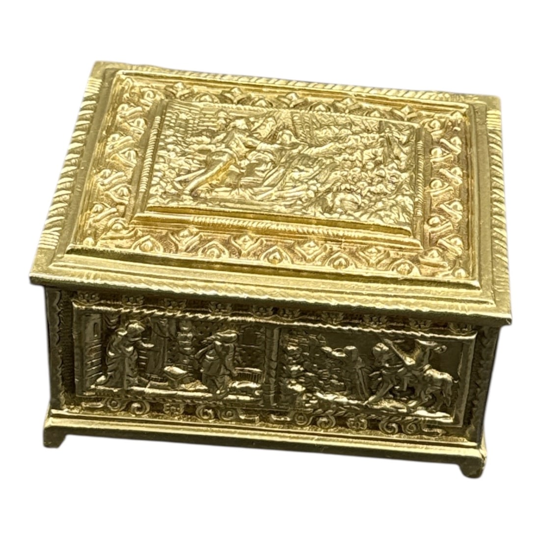 Gold Metal Ornate Jewelry Box with Figural Relief Decoration (1 of 4)