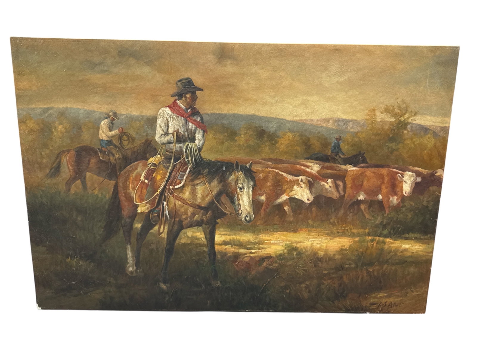 "Cattle Drive" by A. Santini Oil on Canvas: This original oil on canvas by A. Santini captures a classic Western scene of cowboys herding cattle across an expansive landscape. The central figure, a cowboy o