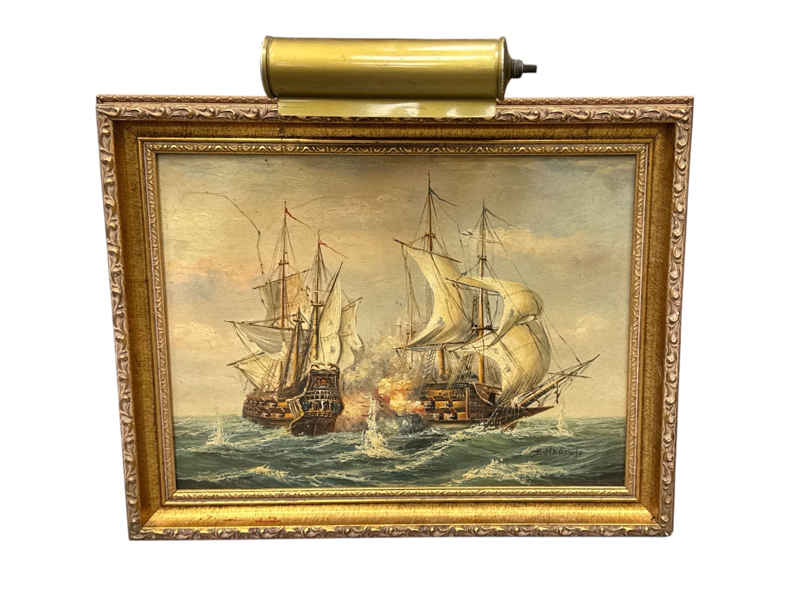 "Naval Battle" by James Hardy III (UK, B.1937) Oil on Canvas: This dramatic original oil painting by James Hardy III depicts a high-stakes naval engagement between 18th-century galleons. A renowned British maritime specialis