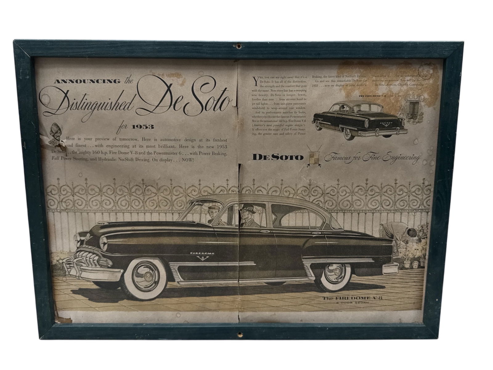 Original 1953 De Soto Firedome V-8 Framed Magazine Advertisement: DescriptionThis is a striking, original oversized print advertisement announcing "The Distinguished De Soto for 1953." The