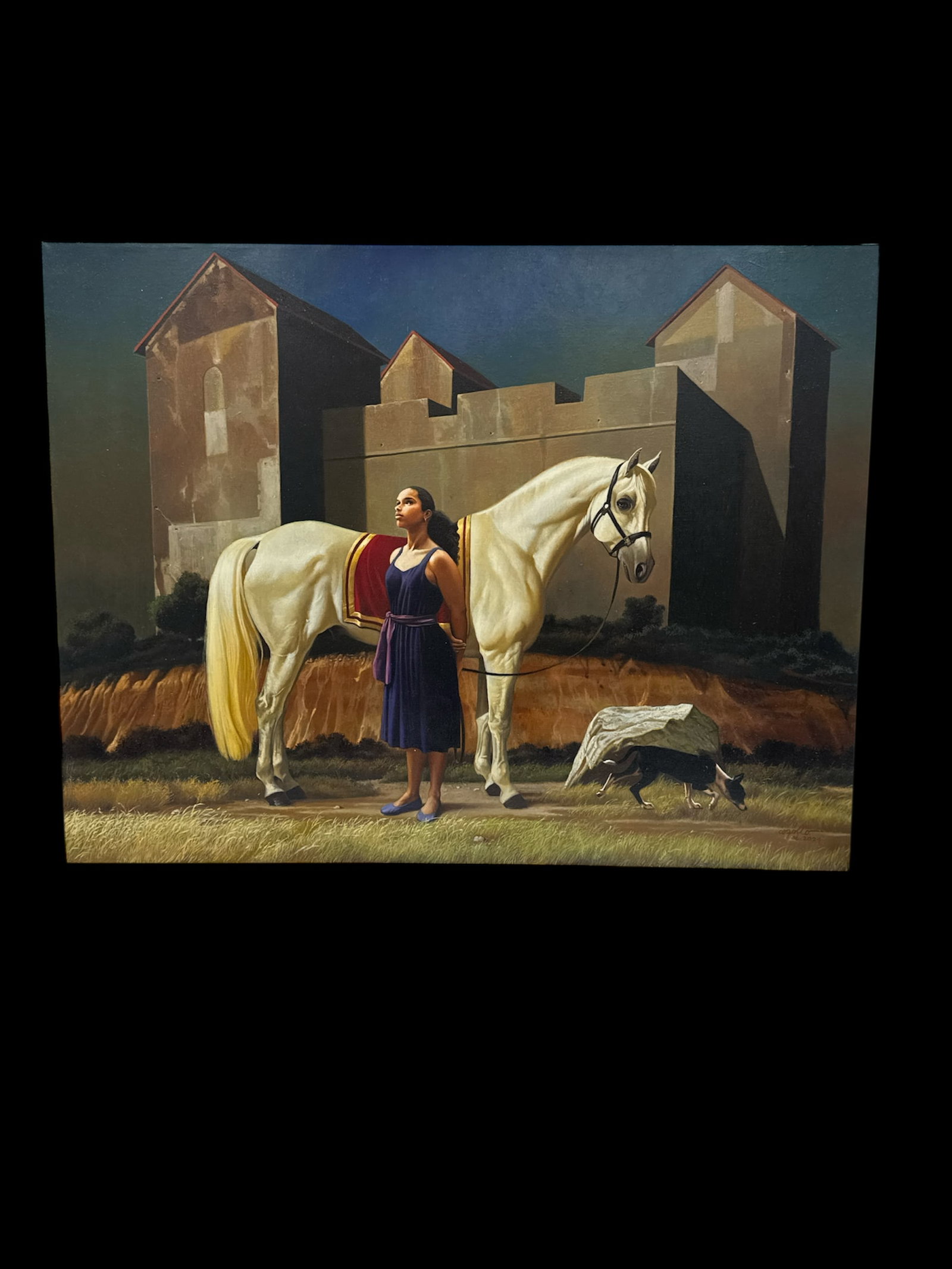 Heriberto Cogollo (Colombian, b.1945) Oil on Canvas: Description: Painting by Colombian master artist Heriberto Cogollo, depicting a woman standing next to a white horse with a building in the background. Signed lower right. Includes authentic