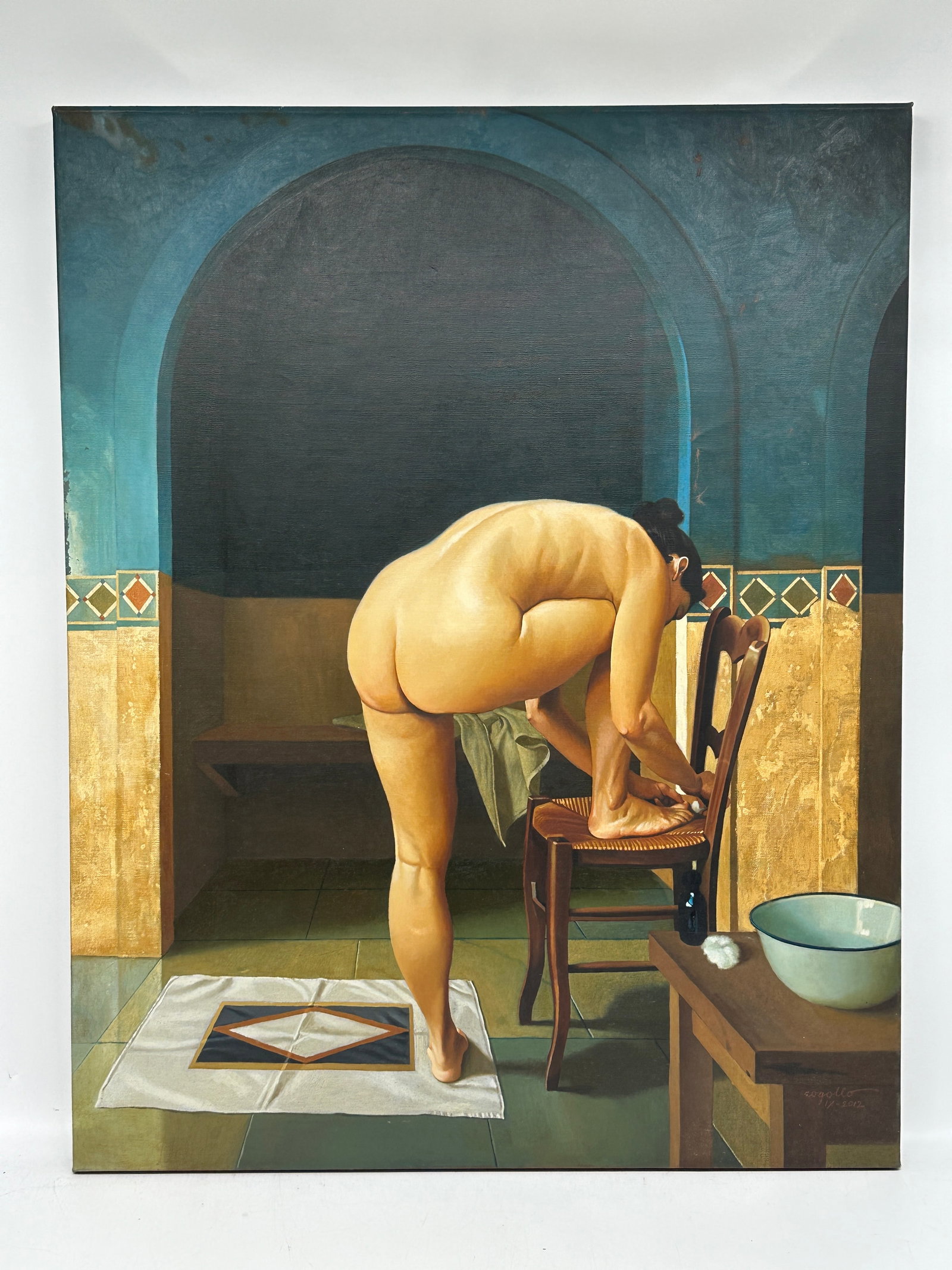 "Woman at the bath" by Heriberto Cogollo (Colombia, b.1945) Oil on Canvas: Artist: Heriberto Cogollo (Colombian, b. 1945)