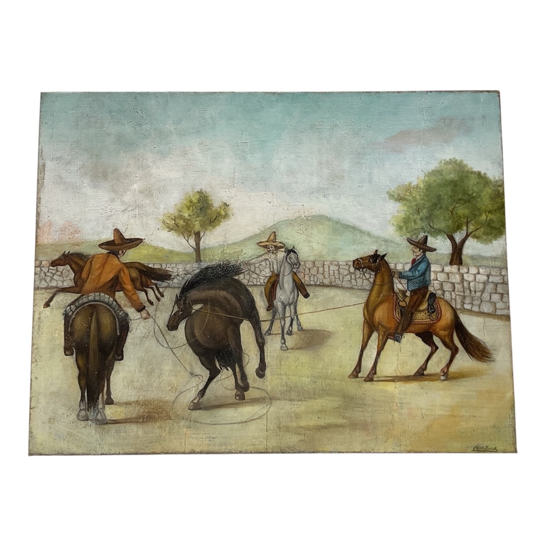 Horse Training Scene by Ernesto Icaza (Ecuador, 1866–1917) Oil on Canvas: Description:Oil on canvas painting depicting a horse training scene by Ernesto Icaza