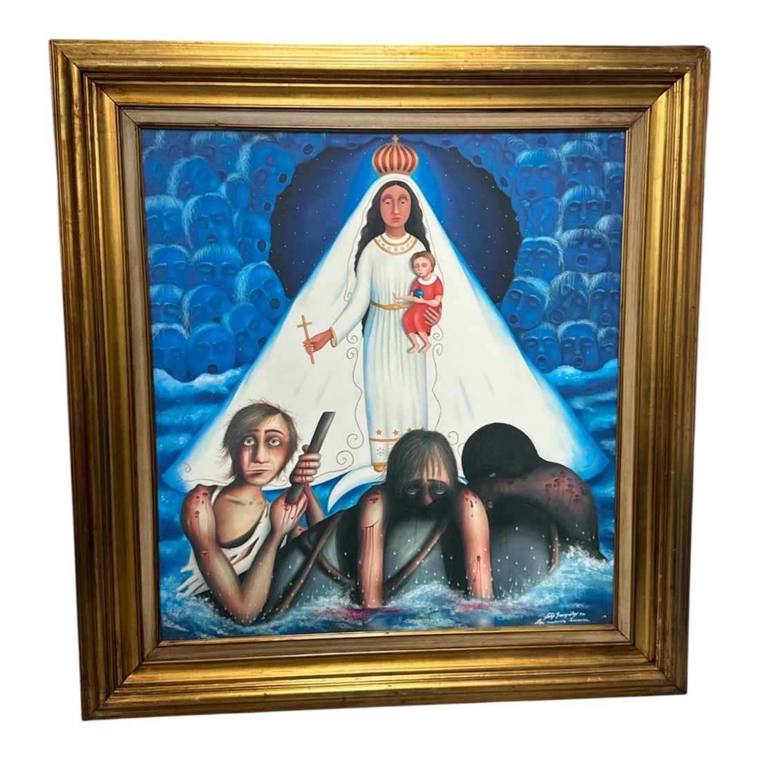 Félix González (b. 1939), Los Nuevos Juanes, 1994: DescriptionIn this poignant composition, González reimagines the traditional iconography of the Virgen de la Caridad del Cobre