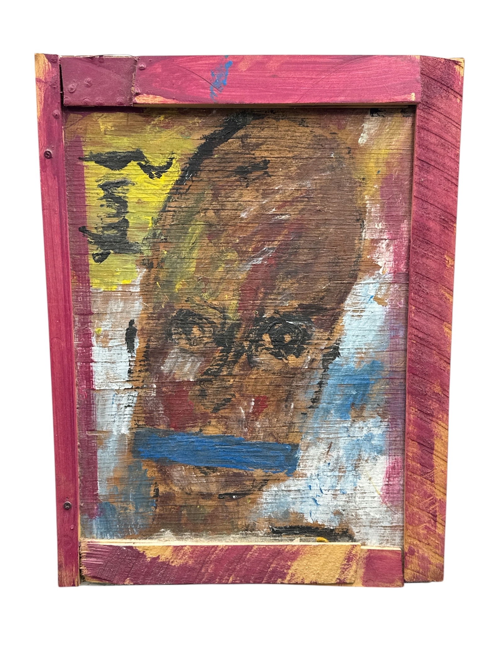 Purvis Young (American, 1943-2010) Oil on Board: Original abstract figurative painting by Purvis Young, the influential Miami-based artist known for his raw, emotionally charged imagery and distinctive use of layered paint and distressed surfaces. T