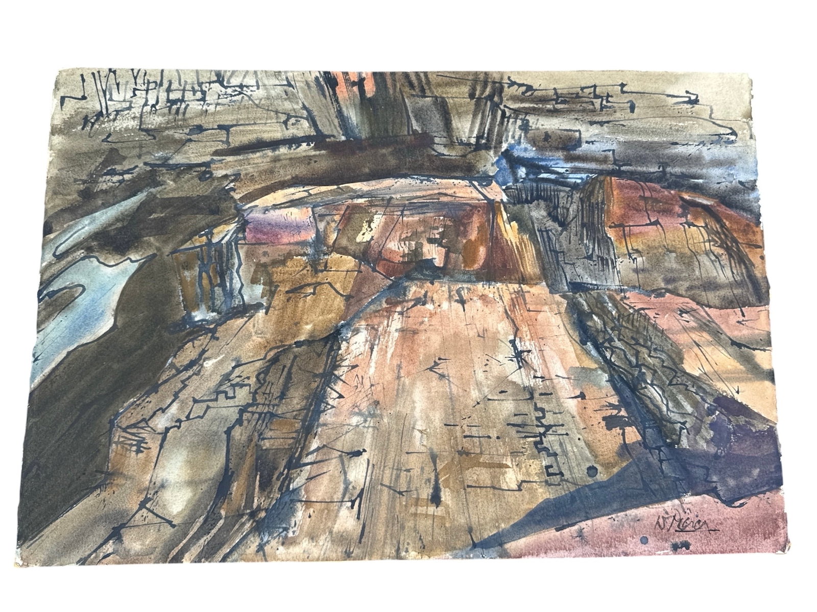 Donald Pierce (1914–1992) MCM Architectural Abstract – Mixed Media: DescriptionPresenting an original mid-century modern abstract composition by the noted American artist