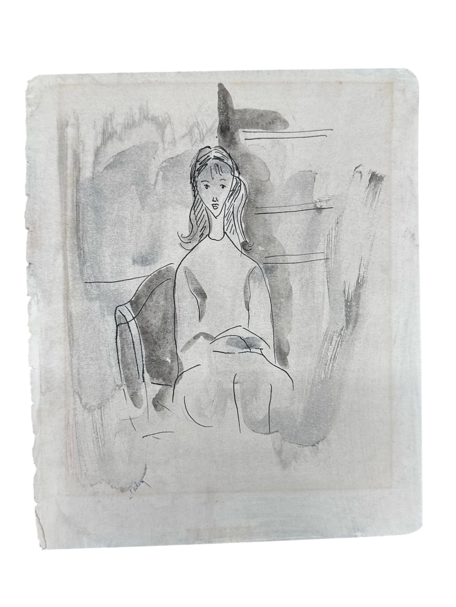 Mid-Century Modern Lithographic Portrait of a Woman: DescriptionThis elegant mid-century print features a stylized portrait of a young woman, capturing the minimalist and lyrical aesthe