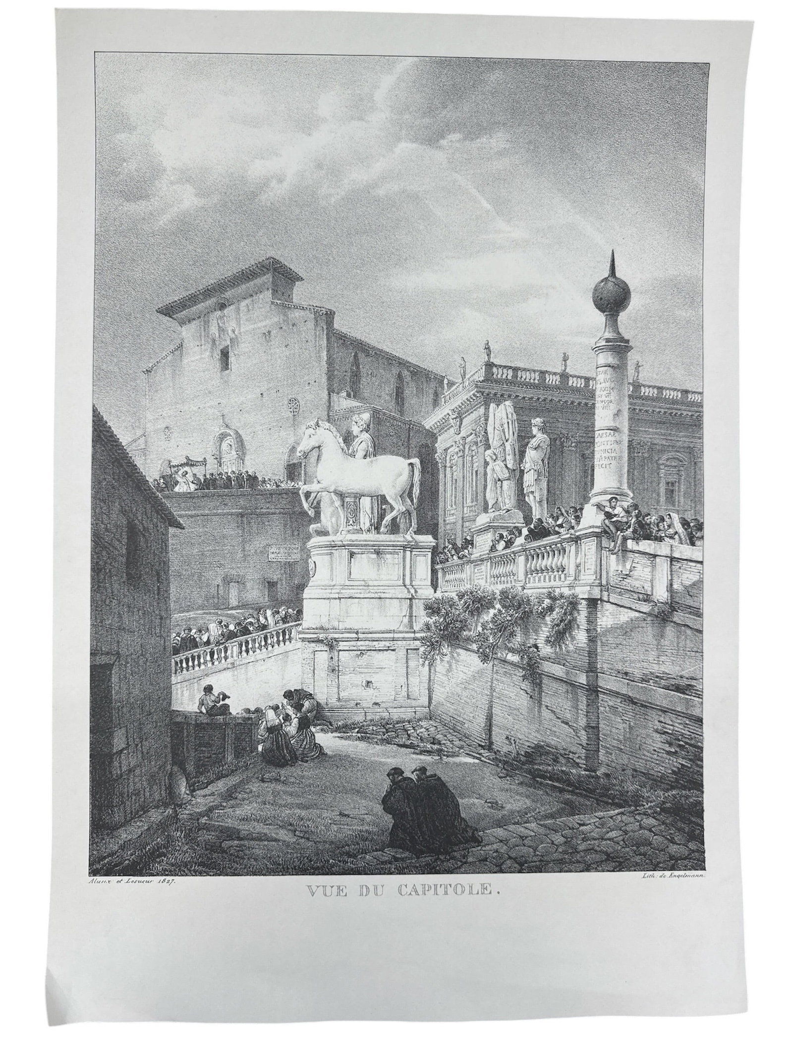 Rare 1827 Grand Tour Lithograph: Vue du Capitole, Rome by Alaux & Lesueur: DescriptionThis original 1827 lithograph, titled Vue du Capitole, represents a high-water mark for early 19th-century French printmaking. The work is a collaboration between two notable figures of