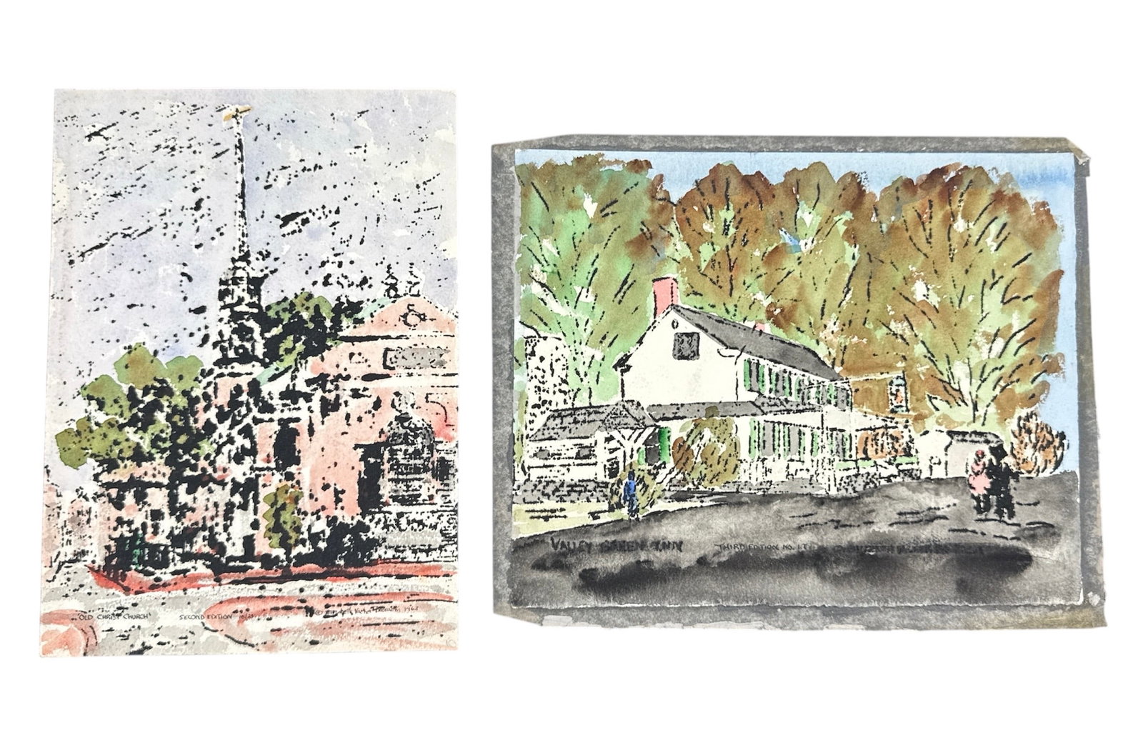 Elizabeth Kacher Booraem: Two Limited Edition Philadelphia Serigraphs (1963): This lot features two charming mid-century architectural prints by Philadelphia artist Elizabeth Kacher Booraem. Created in 1963, these works utilize a distinct serigraph (silkscreen) technique