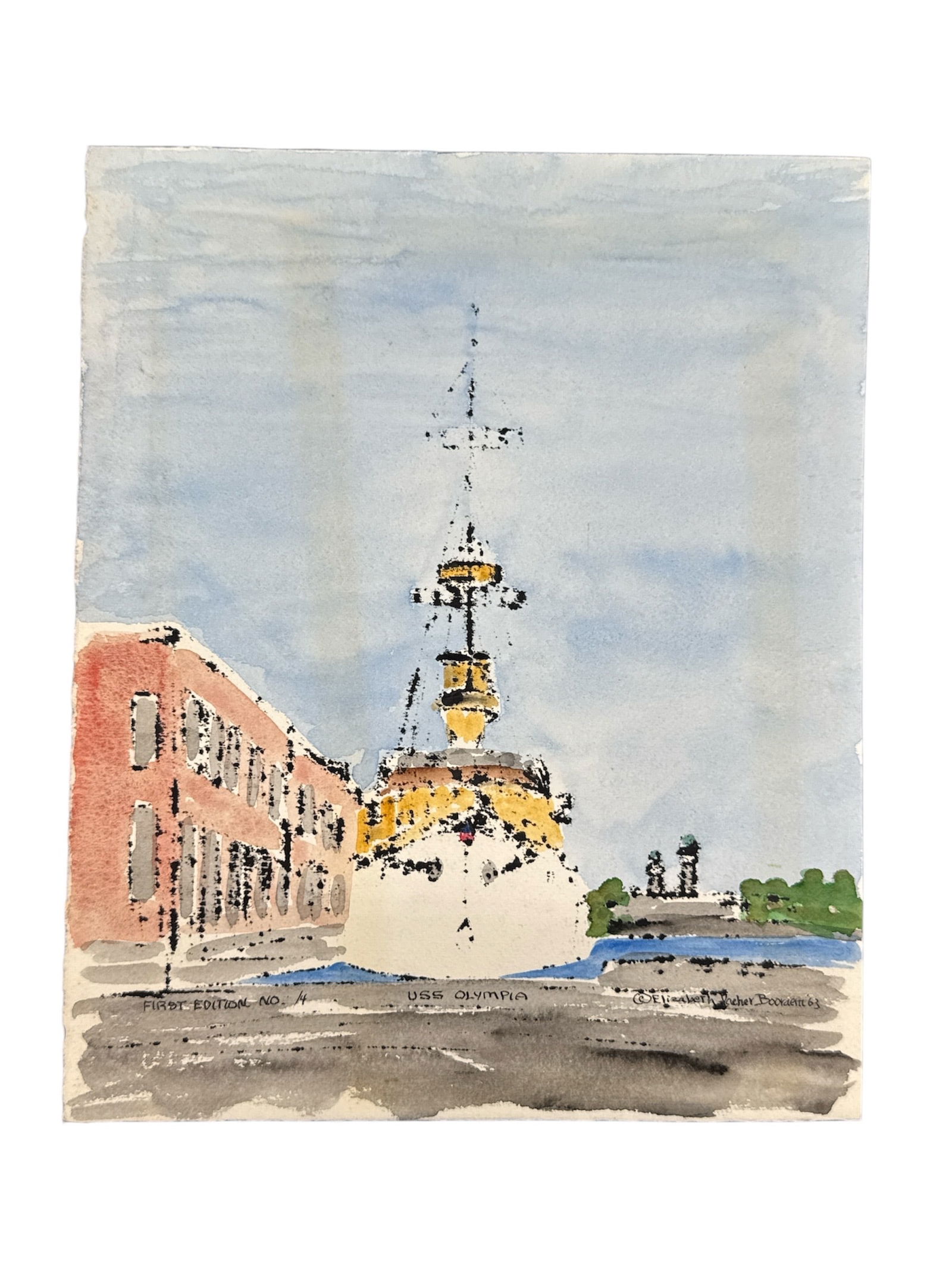 USS Olympia by Elizabeth Thacher Booraem (American): Title: USS Olympia at Dockside Artist: Elizabe