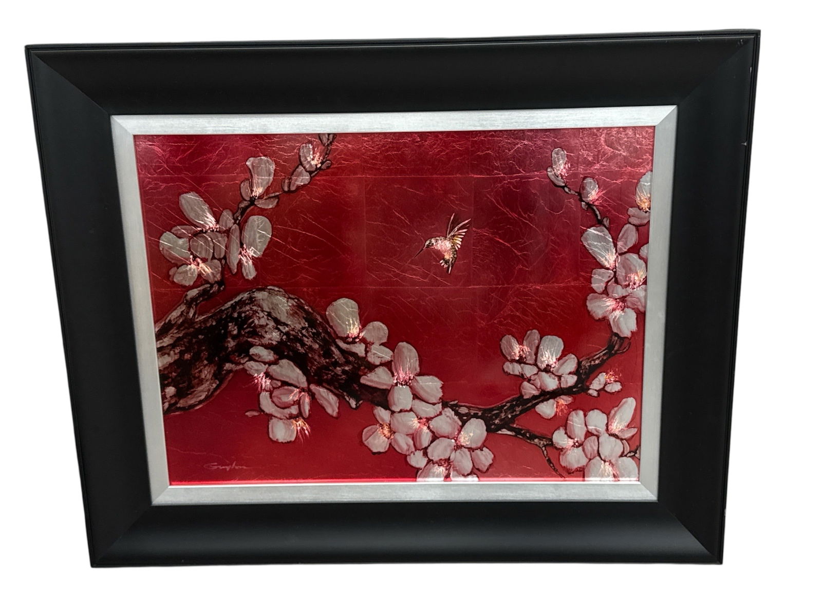 "Sweet as the Juice" by Patrick Guyton Mixed Media Painting: Mixed media painting titled Sweet as the Juice by contemporary artist Patrick Guyton. The composition features delicate flowering branches set against a richly textured crimso