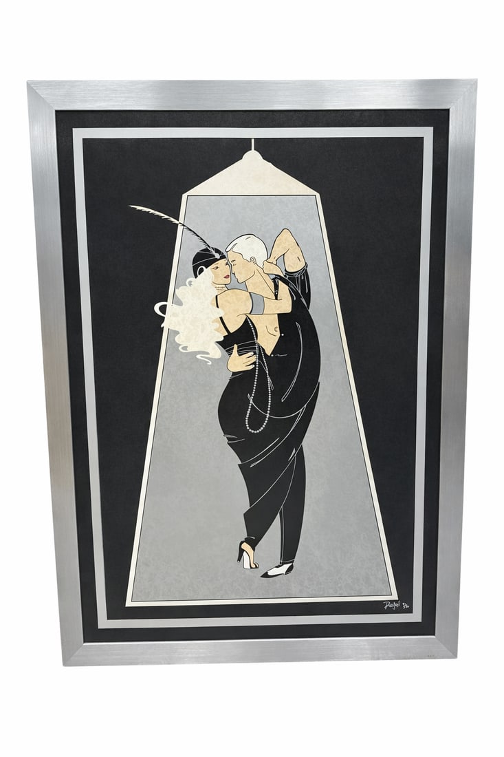 "Dancing in the Dark" by Rafael Hand Embellished Serigraph: Hand embellished color serigraph titled Dancing in the Dark by artist Rafael. The composition features an elegant Art Deco–inspired female figure posed beneath a dramati