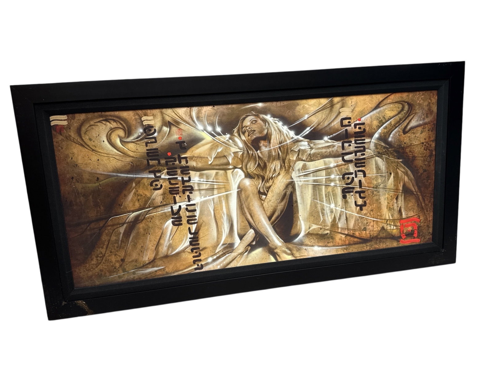 Surreal Figurative Composition by Noah Oil on Canvas: Large contemporary composition by Noah depicting a stylized female figure seated in a contemplative pose within a surreal, symbolic environment. The figure is surrounded by flowing abstract forms, cal