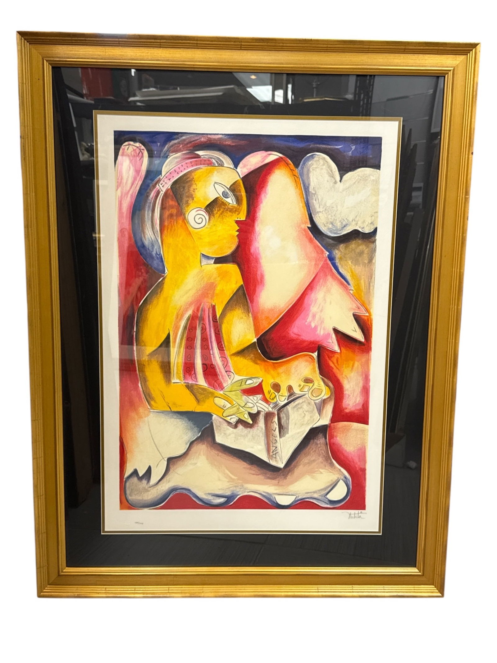 Flashlight from Heaven by Alexandra Nechita Limited Edition Lithograph: Colorful limited edition lithograph titled Flashlight from Heaven by internationally recognized contemporary artist Alexandra Nechita. The composition features Nechita’s distinctive cubist-inspi
