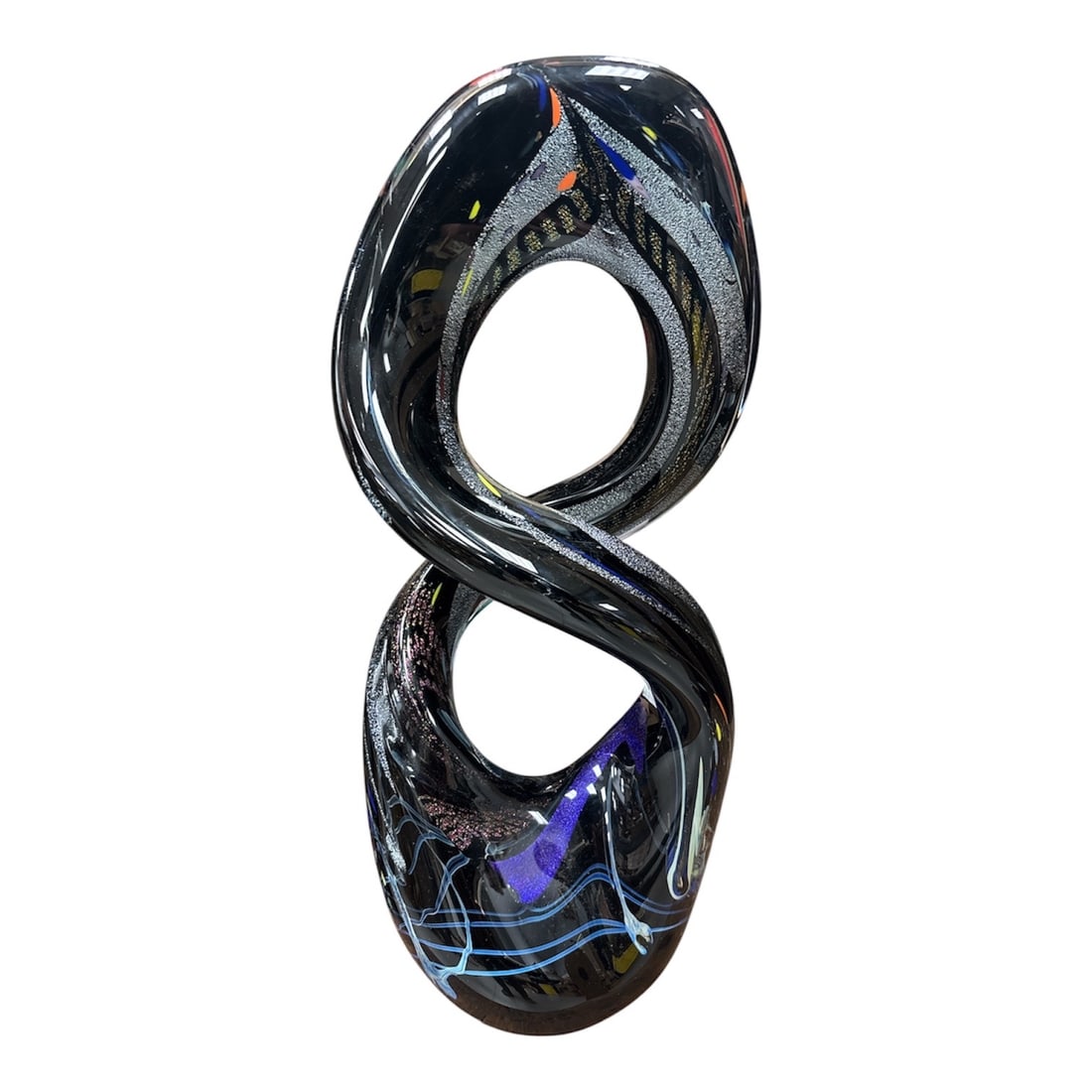 Large Contemporary Art Glass Abstract Infinity Form Sculpture: DescriptionStriking contemporary art glass sculpture featuring a flowing abstract infinity form. The piece displays a dramatic twiste