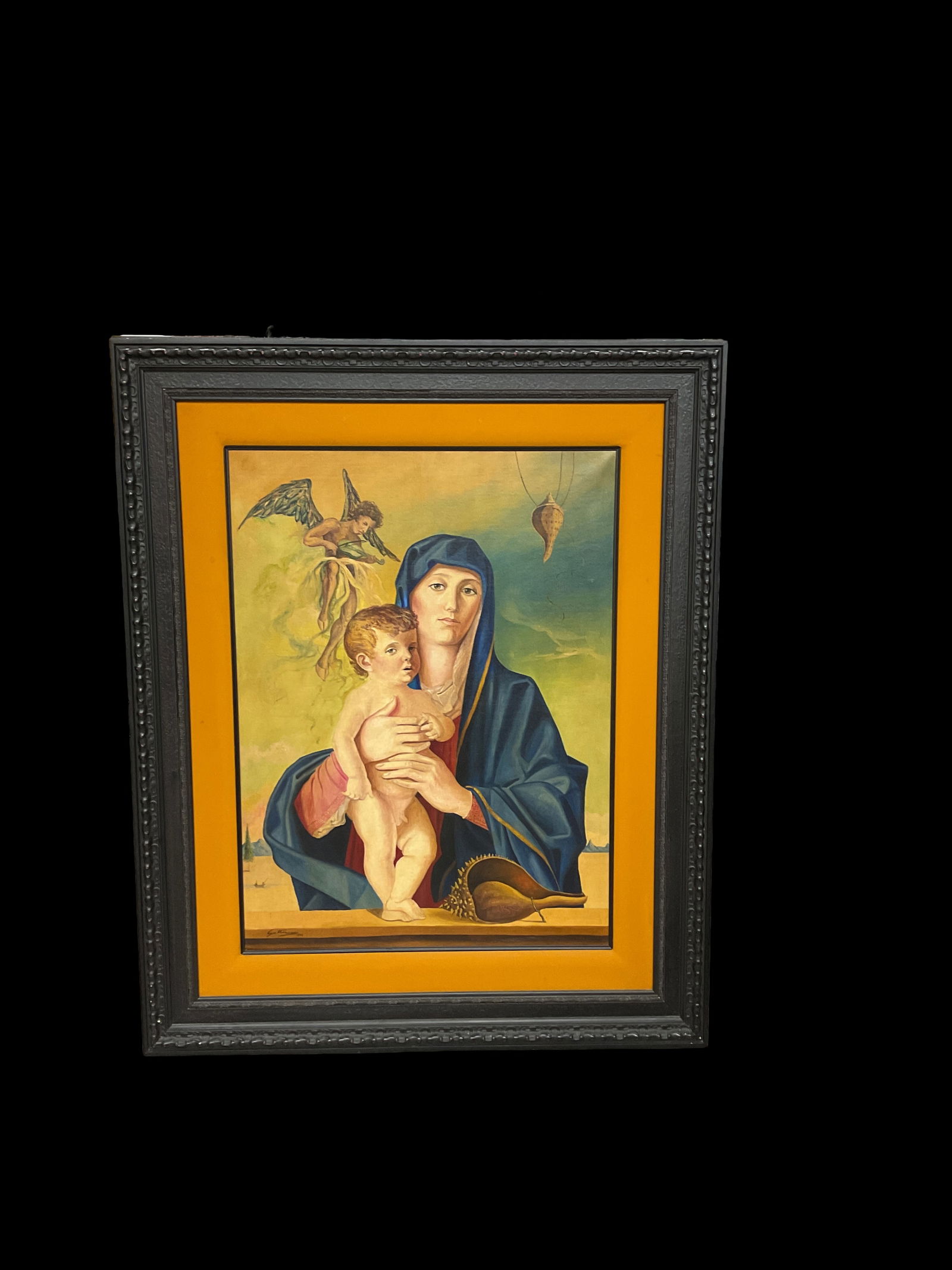 Madonna and Child by Antonio Gattorno (Cuba, 1904–1980) Oil on Linen, 1946: Large oil on linen painting depicting the Madonna holding the Christ Child, set within a stylized landscape. The composition features a serene Virgin Mary draped in a blue mantle, holding the infant C