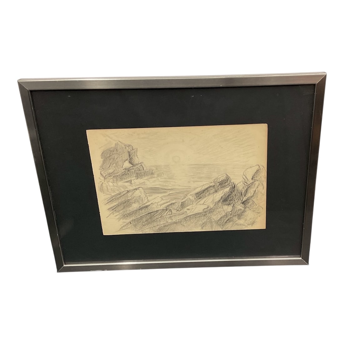 Coastal Landscape Drawing in the Style of William Zorach (American, 1887–1966): Expressive pencil and charcoal landscape drawing executed in the style of American modernist William Zorach. The composition depicts a dramatic rocky shoreline overlooking calm waters, with layered st