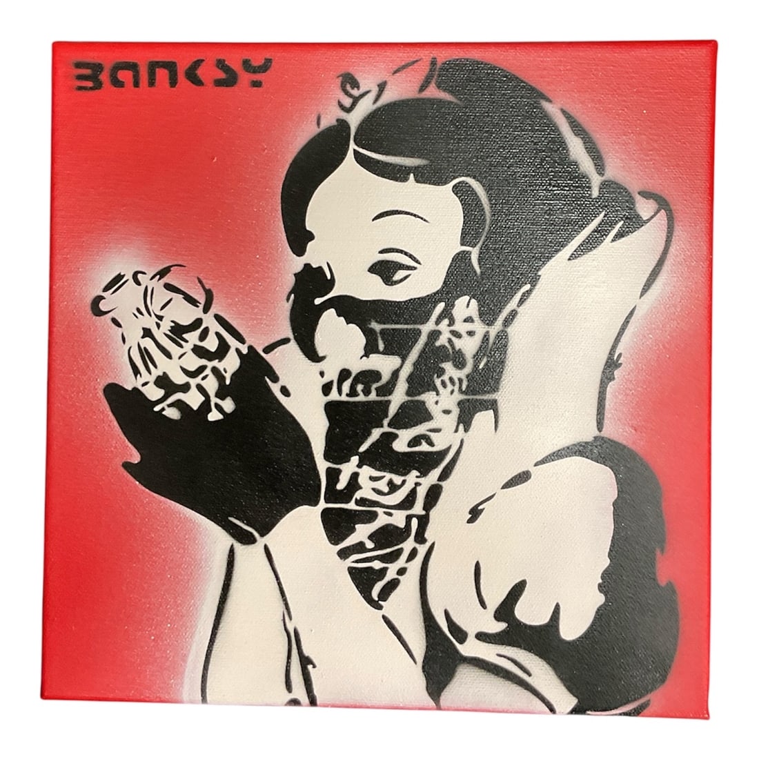 Gas Mask Girl with Teddy Bear by Banksy (British, b. 1974) Dismaland Canvas, 2015: DescriptionStencil-style canvas artwork by the anonymous British street artist Banksy