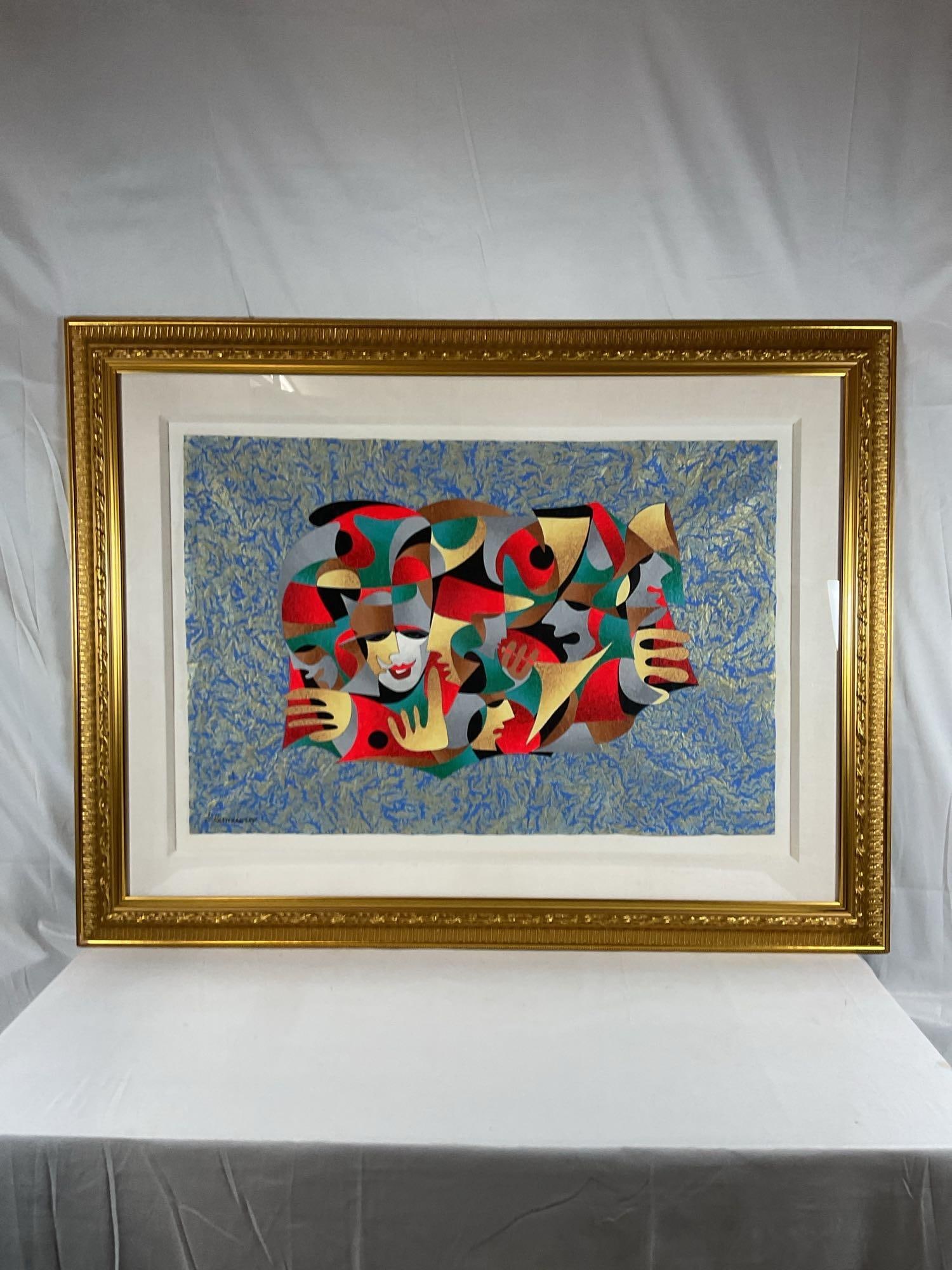 Anatole Krasnyansky (Ukrainian, b. 1930) Mixed Media Original:  This vibrant and dynamic painting, titled "Sounds & Secrets," is a signature work by Anatole Krasnyansky. Known for his ability to merge surrealism with cultural symbolism, Krasnya